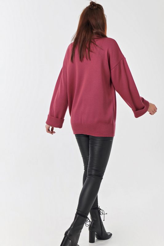 Long knitted sweater with high neck in lingonberry color