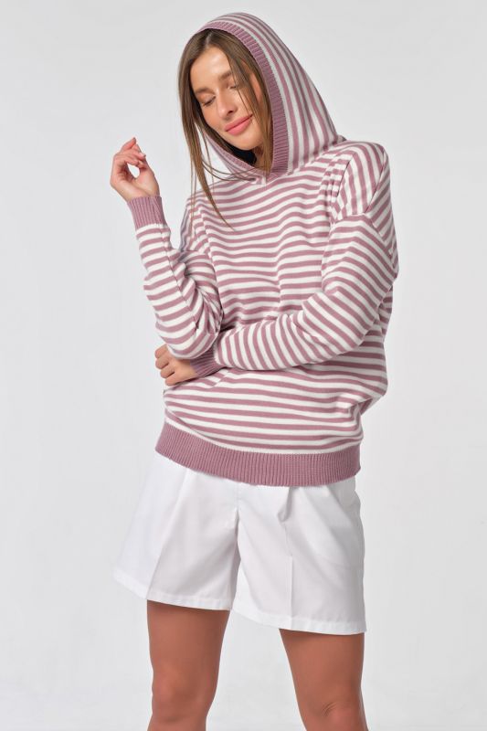 White-pink striped hooded knitted sweater