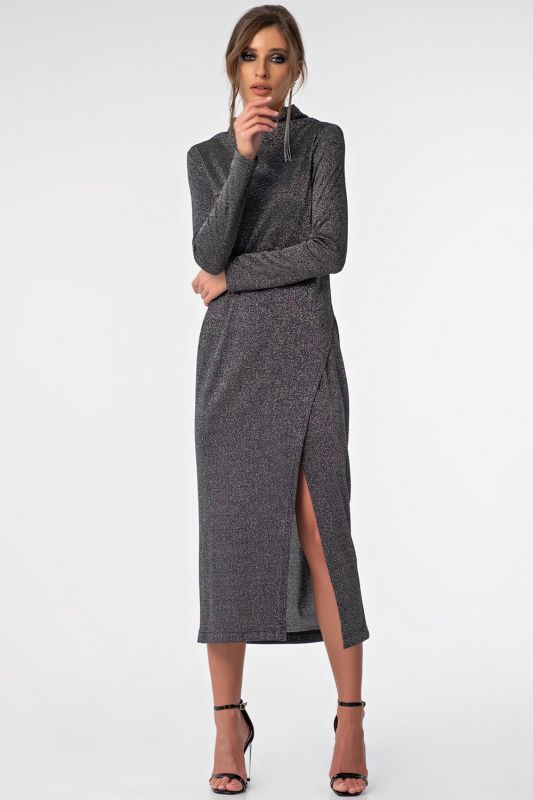 Silver-black knitted midi dress with leg slit