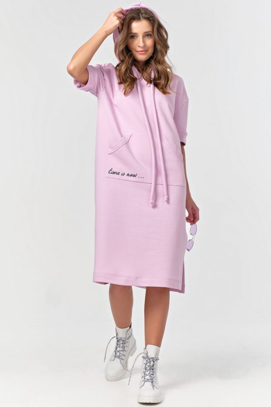 Short sleeve futher hoodie dress in pink