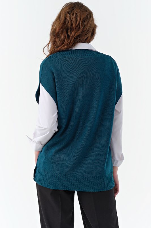 Blue-green crocheted over-size vest with side slits