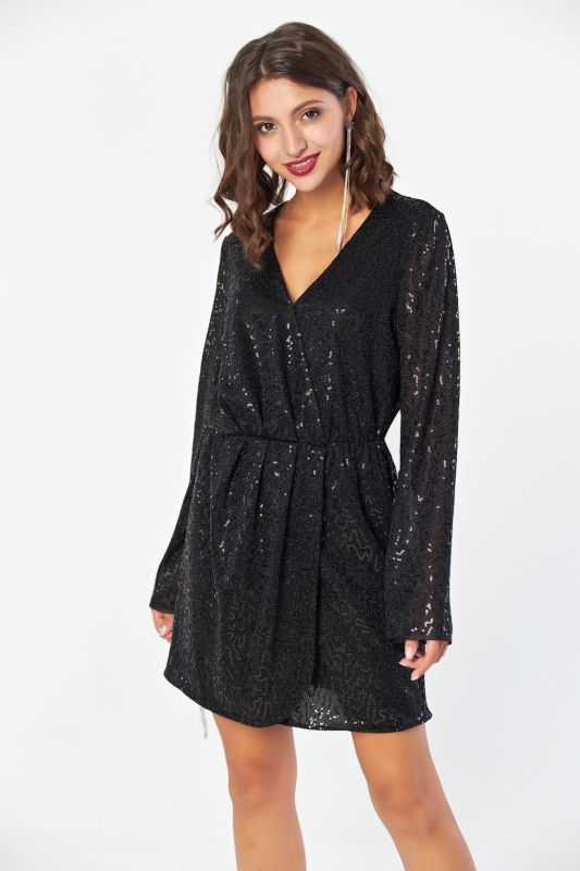 Black dress of fitted silhouette with a flap made of shiny fabric with small sequins