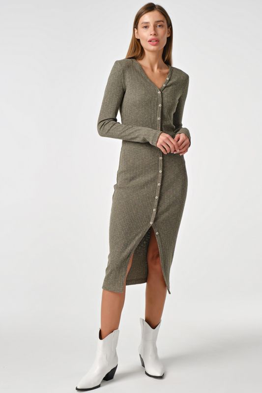 Khaki Buttoned Knit Noodle Dress