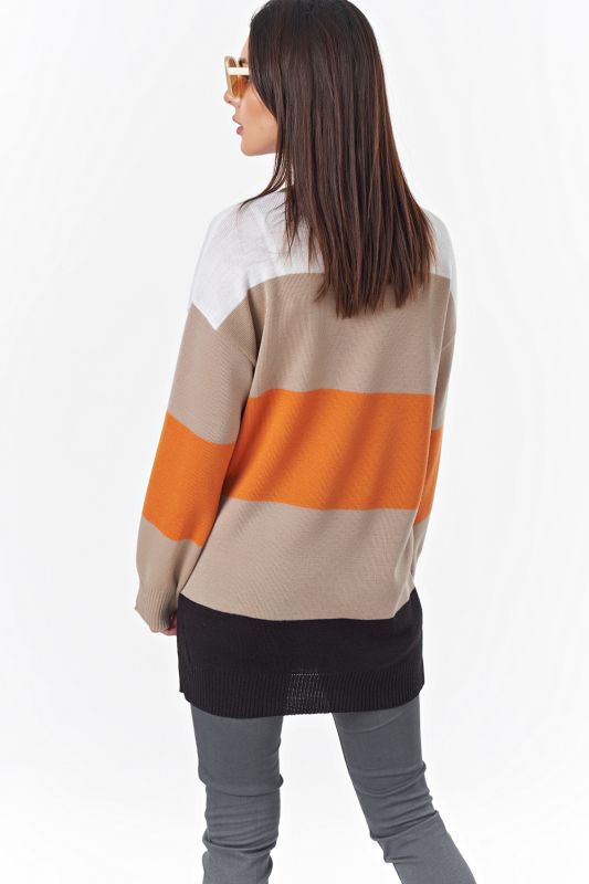 Beige-orange striped warm knitted over-size tunic