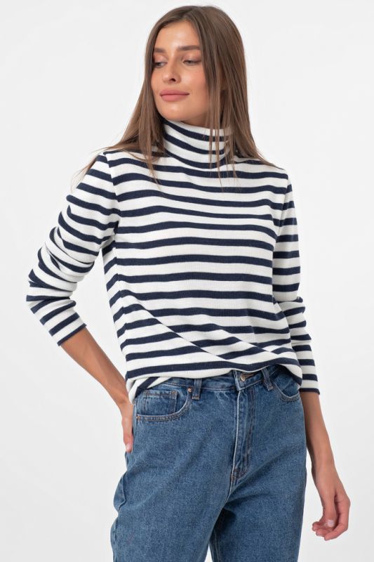 Blue striped high neck knitted sweater