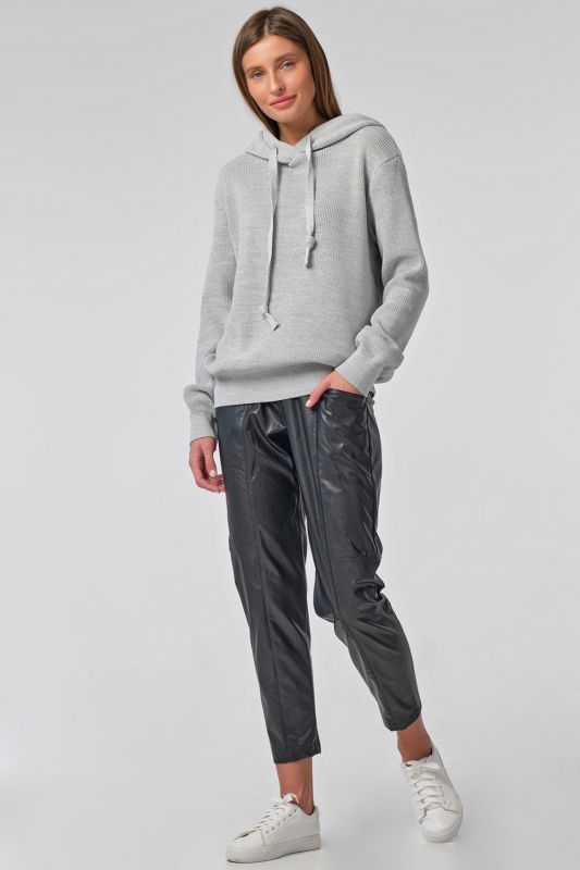 Light gray cotton hooded knitted over-size sweater with overhang