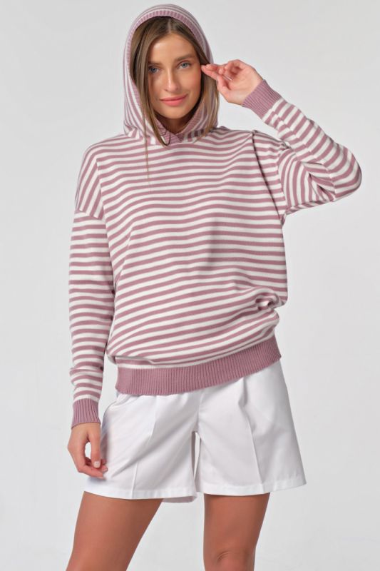 White-pink striped hooded knitted sweater