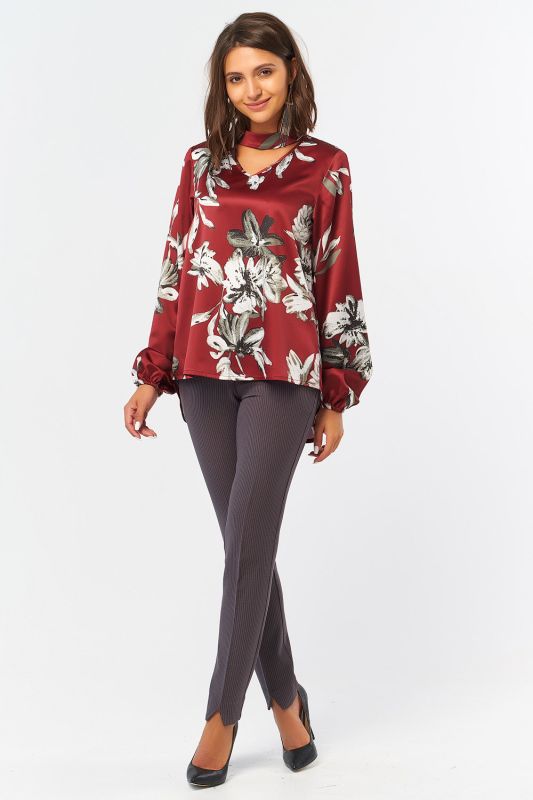 Straight blouse with wide sleeve with floral print on burgundy