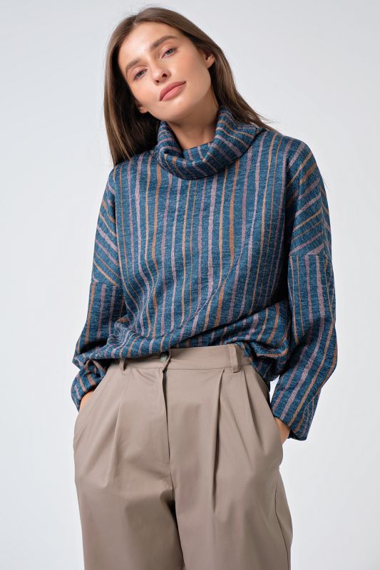 Sweater warm over-size sweater with high neck striped on blue