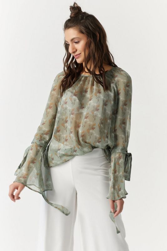 Transparent chiffon blouse with floral print on green