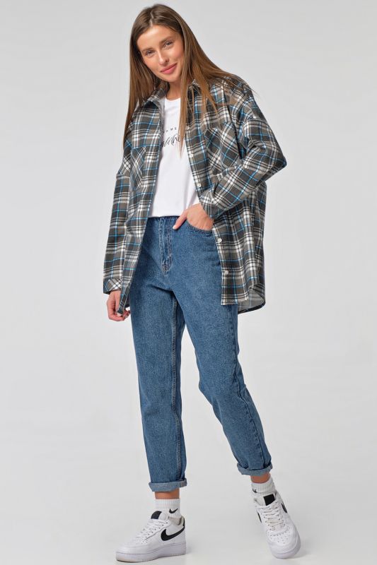 Cotton oversize shirt with large plaid on gray