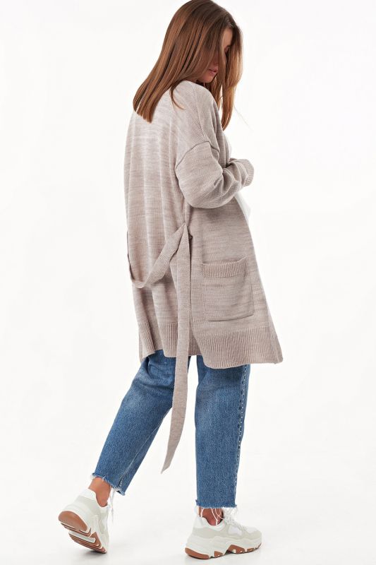 Long knitted cardigan with belt gray-beige melange