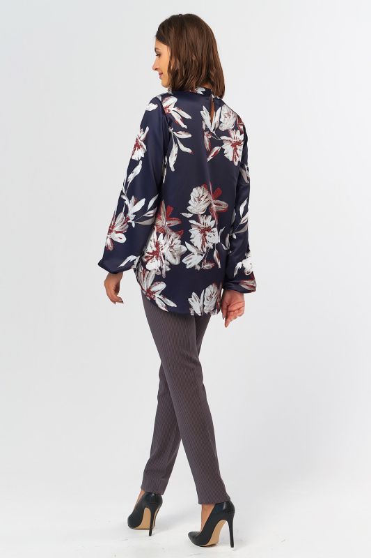 Wide Sleeve Straight Blouse with Floral Print on Blue