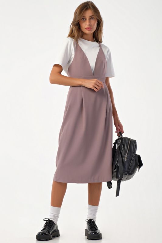 Office midi sundress under mocha blouse