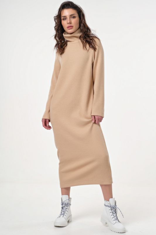 Long knitted wool blend dress with neck beige