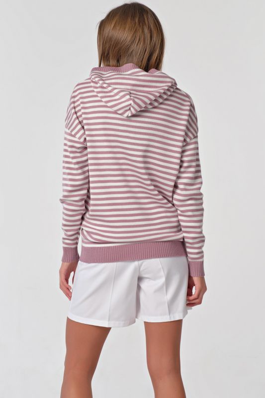 White-pink striped hooded knitted sweater