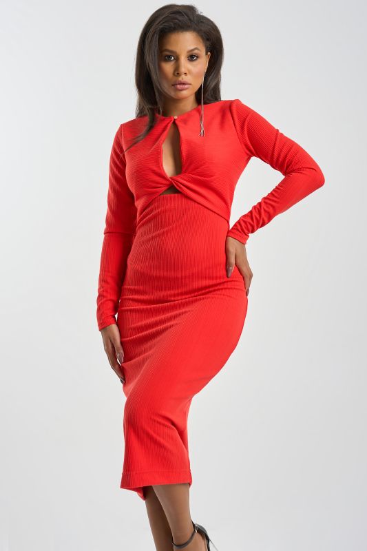 Dress with slit on the chest of textured knit fabric red