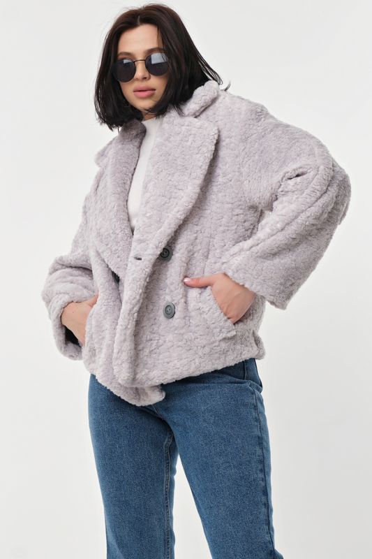 Shortened plush eco fur coat in purple ash