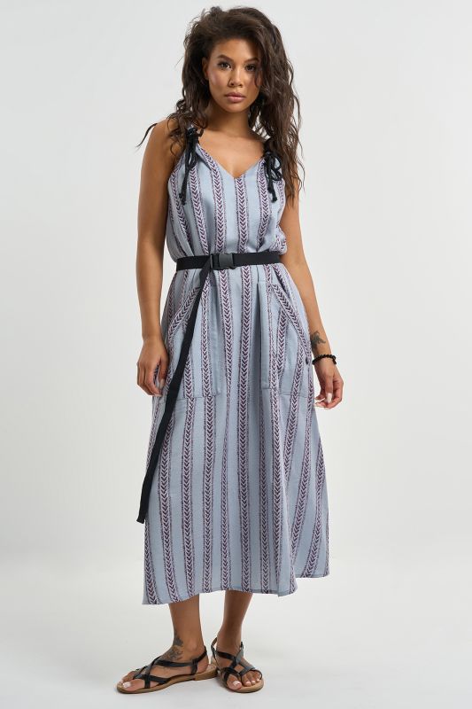 Cotton dress with belt print on gray-blue