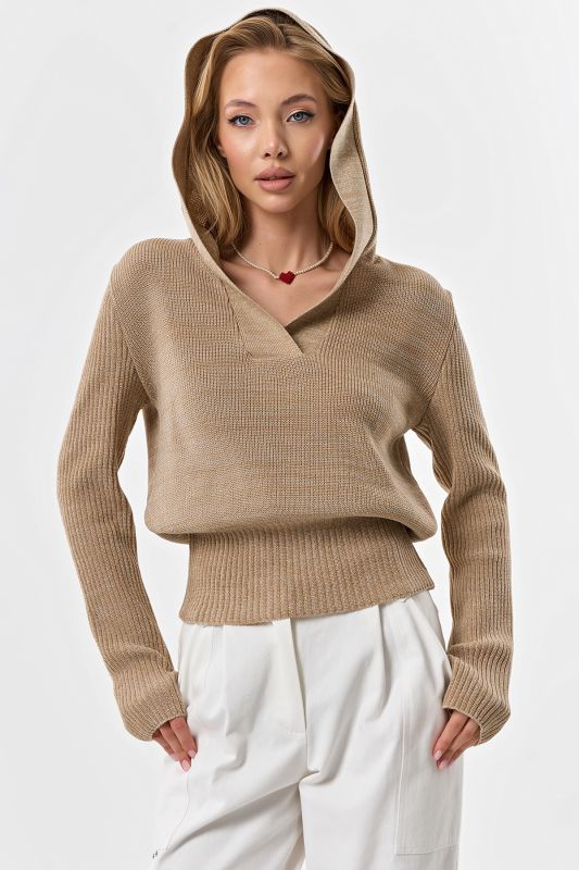 Cotton hooded sweater with melange melange beige