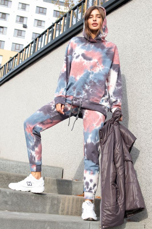 Sport suit with hooded tie-dye gray-blue