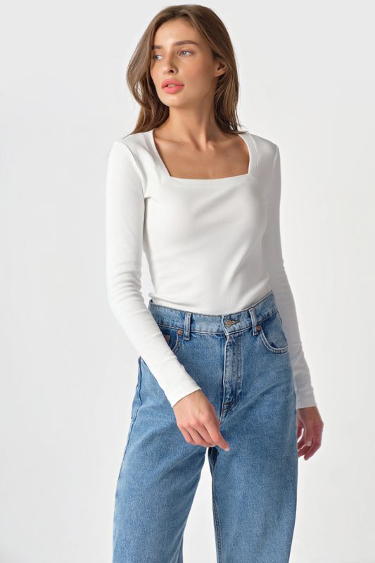 Cotton square neck knit longsleeve white