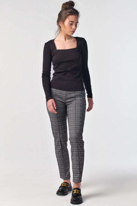 Black and gray plaid classic pants with elastic band at the bottom