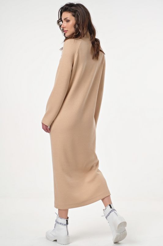 Long knitted wool blend dress with neck beige