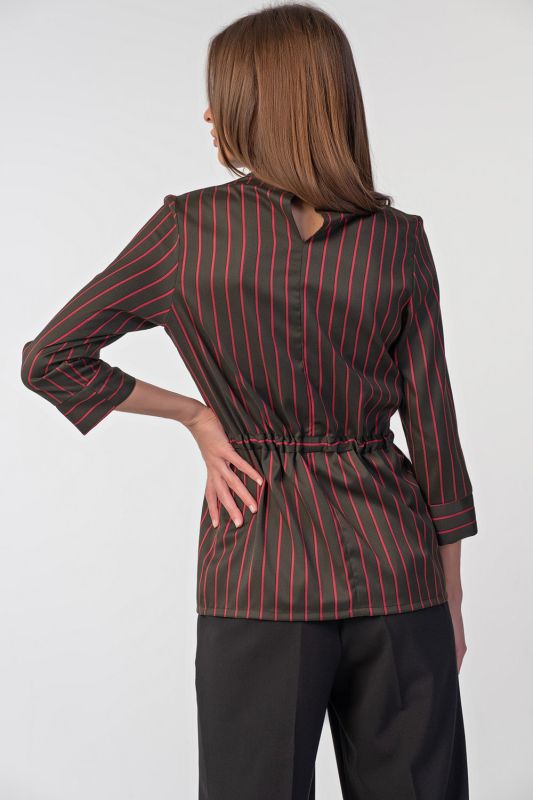 Straight blouse with stand collar with striped stripes on green