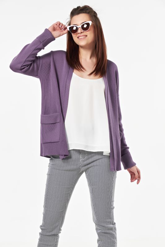 Cardigan knitted loose short with pockets purple