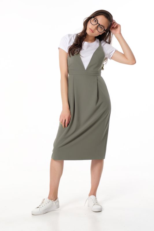 Office midi sundress under khaki blouse