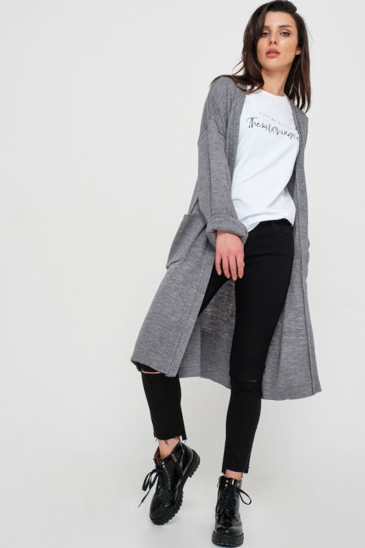 Knitted straight long cardigan with pockets gray melange