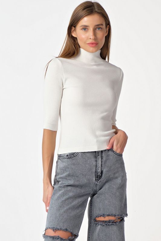 Tight-fitting knitted sweater with neck, milk color