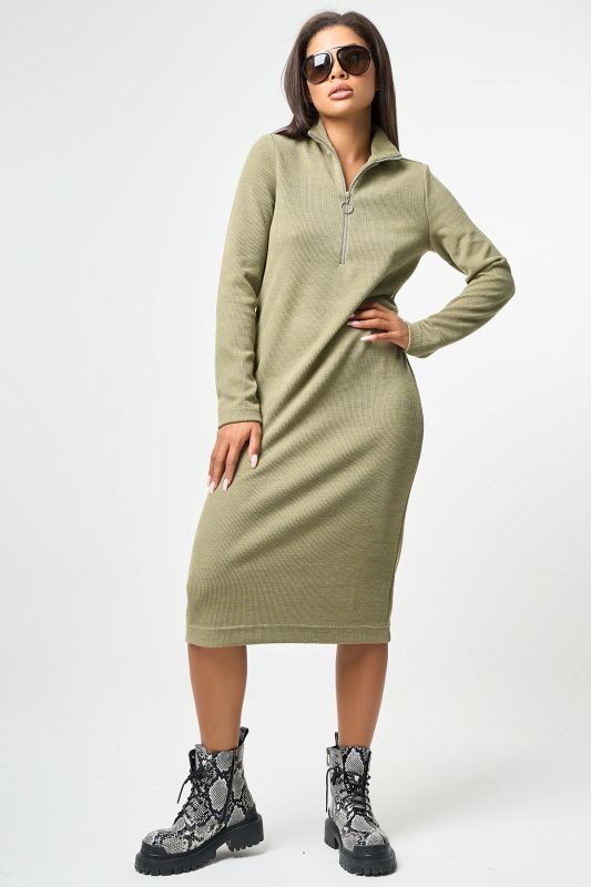 Long sleeve knitted straight midi dress in olive color