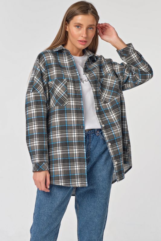 Cotton oversize shirt with large plaid on gray