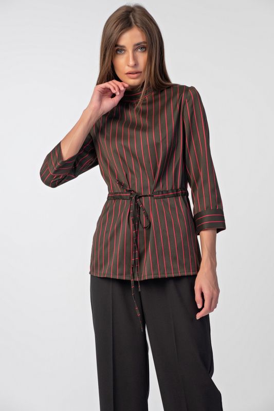 Straight blouse with stand collar with striped stripes on green