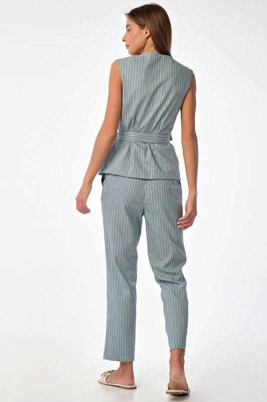 Summer trouser suit with striped blouse on gray-green