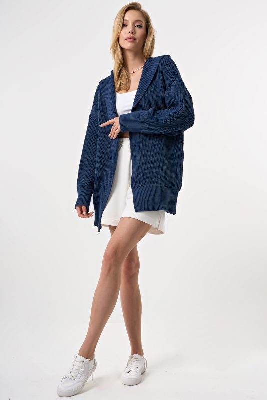 Knitted textured cardigan with hood blue