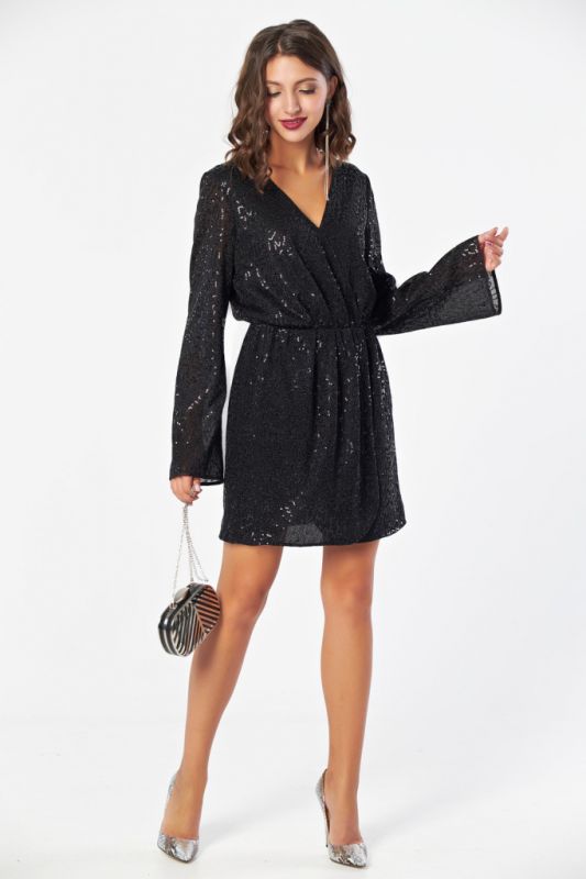 Black dress of fitted silhouette with a flap made of shiny fabric with small sequins