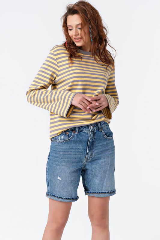 Long sleeve cotton striped longsleeve sweatshirt gray-yellow