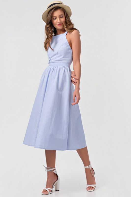 Striped cotton summer midi dress in blue