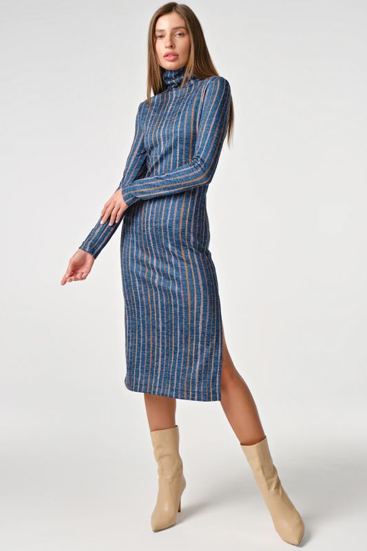 Long sleeve striped knitted midi dress on blue