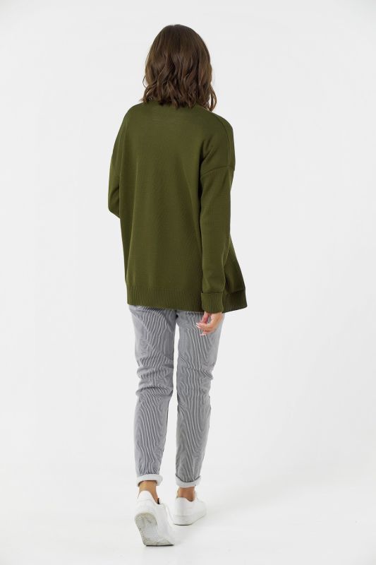 Knitted loose short cardigan with pockets olive color