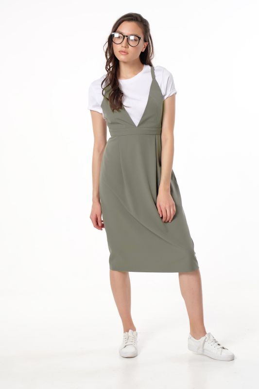 Office midi sundress under khaki blouse