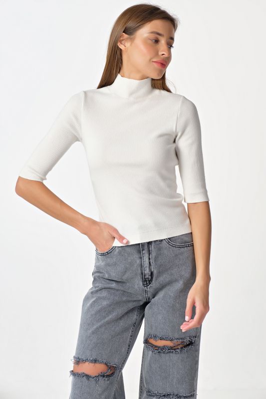 Tight-fitting knitted sweater with neck, milk color