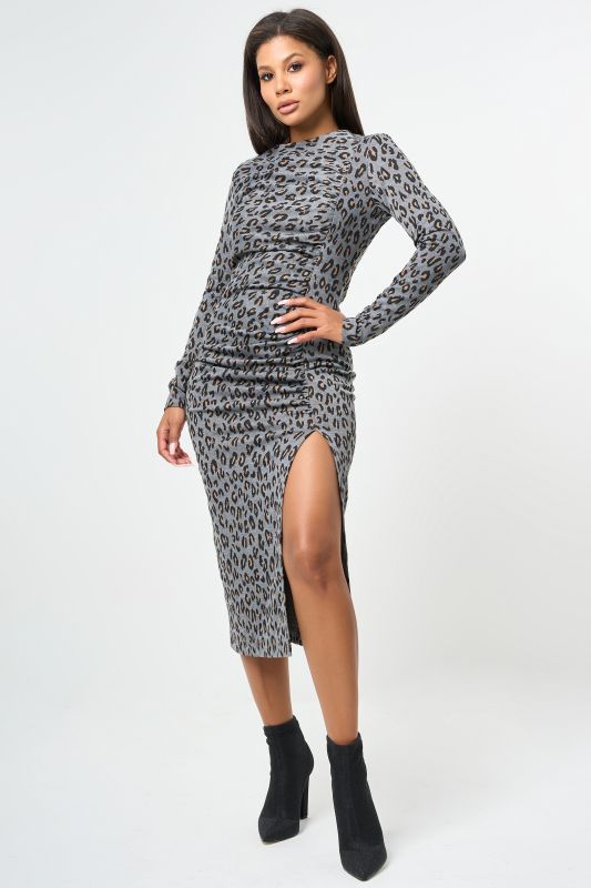 Leopard slit midi dress with leg slit on gray