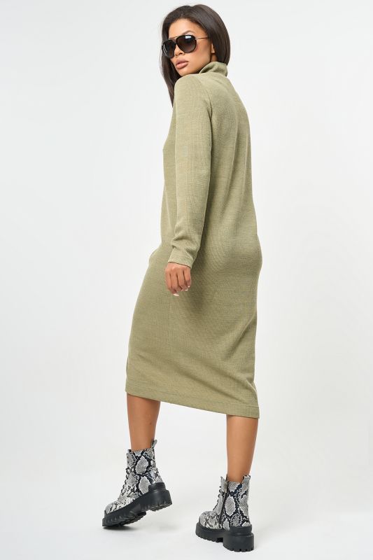 Long sleeve knitted straight midi dress in olive color