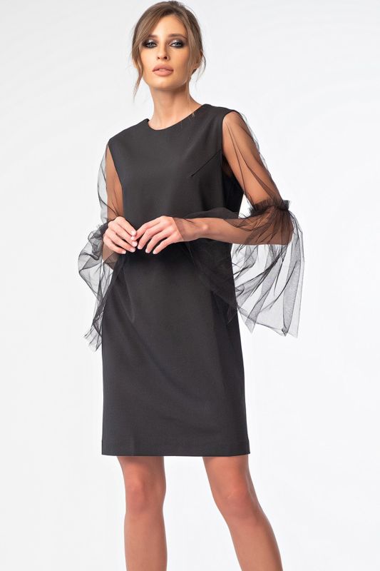 Black mini evening dress with transparent sleeves