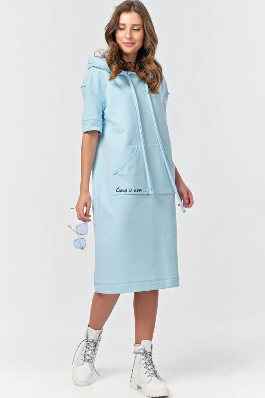 Short Sleeve Hoodie Dress with Fouter Fleece in sky blue