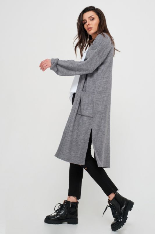 Knitted straight long cardigan with pockets gray melange